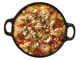 Delicious seafood paella in a black cast iron pan, ready to serve  Isolated Transparent Background, PNG