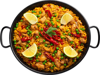 A flavorful paella, a traditional Spanish dish, displayed in a round black pan Isolated Transparent Background, PNG