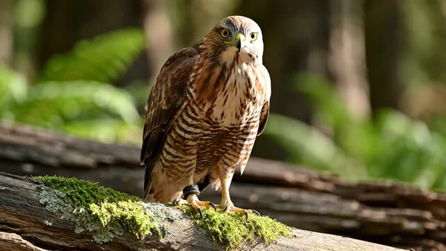 Sharp-shinned hawk perched on a mossy log in a lush forest environment looking around with watchful alertness