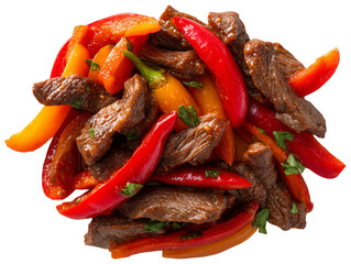 Delicious beef strips, sauteed with vibrant red and yellow peppers, a delightful culinary experience Isolated Transparent Background, PNG