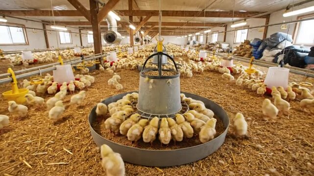 Baby chicks eat and grow in a large poultry farm house with multiple feeders and water containers