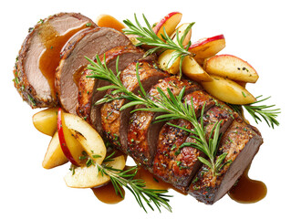 A culinary masterpiece of roasted meat and vegetables. The dish features a succulent slice of roasted meat. Isolated Transparent Background, PNG