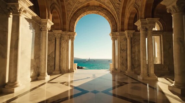A grand architectural archway with classical columns opens to a breathtaking sunlit ocean view, offering a luxurious gateway to coastal serenity and timeless elegance