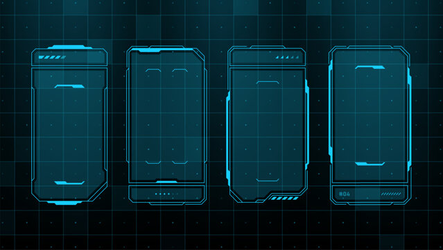 Four futuristic hud elements on grid background. Digital virtual screen interface for ui ux design. Sci fi high tech concept.