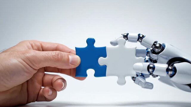 Human hand and robot hand holding puzzle pieces

