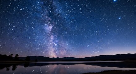 Fototapeta premium Panoramic nightscape showcases the Milky Way reflected on a calm lake, beneath a starry sky