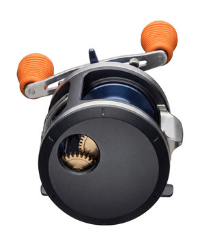 Round baitcasting reel with brass gear system.