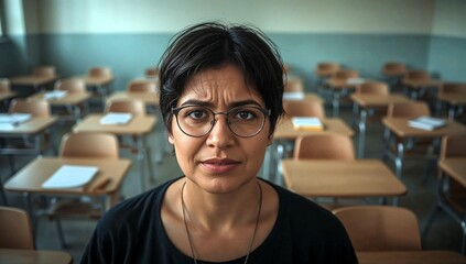 Concerned Teacher in Empty Classroom A  on Disrupted Education, Pandemic Loss, and Empathetic Solitude