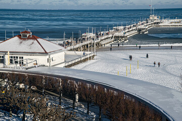 Frozen old wooden pier on the Baltic Sea in Sopot