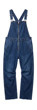 Raw edge denim overalls with a front zip fastening and wide-leg cut