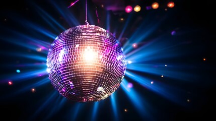 Obraz premium Shiny Disco Ball Emitting Radiant Light Beams Creating Festive Atmosphere for Nightclub Party Celebration