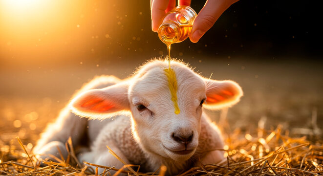 Gentle hand applies sacred oil onto a small newborn lamb resting in sunlit straw