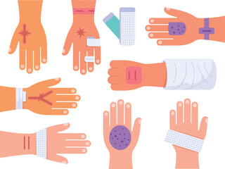 Obraz premium An illustration of various injured hands with bandages and band-aids on a white background.