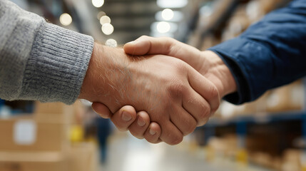 Handshake between colleagues in industrial warehouse with warm lighting, teamwork atmosphere, cinematic realism, professional environment.