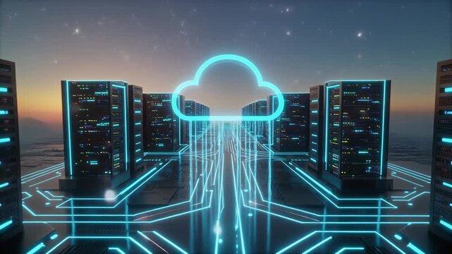 Futuristic cloud data center servers connected by neon network lines and cloud icon