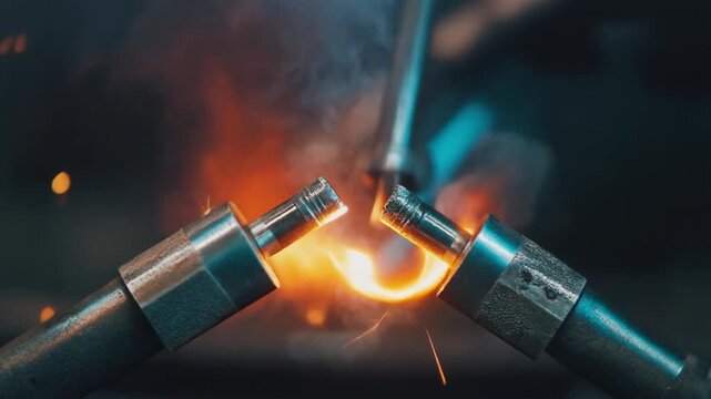 Closeup welding arc sparks molten metal industrial fabrication