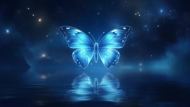 Glowing blue butterfly above reflective water at night fantasy scene
