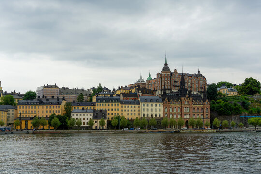 S&ouml;dermalm Waterfront Architecture in Stockholm Sweden with Mariahissen and Historic Buildings over Riddarfj&auml;rden