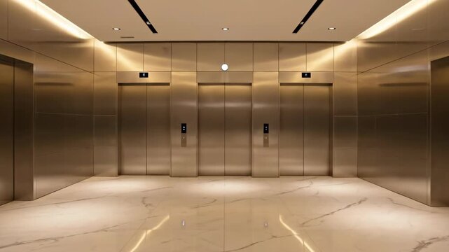 Modern elevator lobby with metallic doors and polished marble floor.