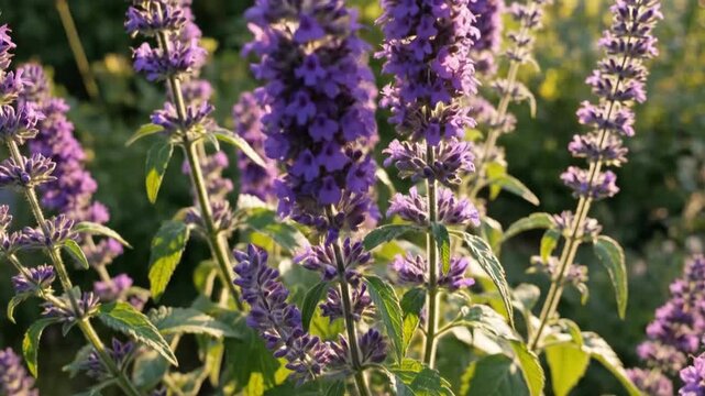 Close-up of purple anise hyssop flowers and green leaves bathed in sunlight in a garden setting