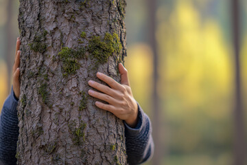 A man's hand hugging an old tree for spiritual connection
