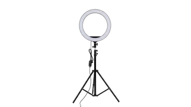 A ring light with tripod stand, on a studio.