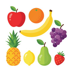 Apples, Oranges, Bananas, Grapes, Pineapples, Lemons, Pears, Strawberries Displayed in a Vibrant Illustration