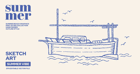Boat sketch. Fishing or pleasure motorboat icon. Small yacht, speed fast ship isolated. Hand drawn outboard boat, tug, jet. Lake or sea motor yacht. Seaside vector drawing bg with Italian steamship © Olga Che