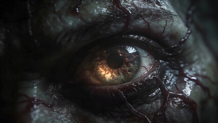 Obraz premium A hauntingly intense close-up of a monstrous, bloodshot eye with prominent veins and textured skin, reflecting a deep sense of dread and ancient malevolence