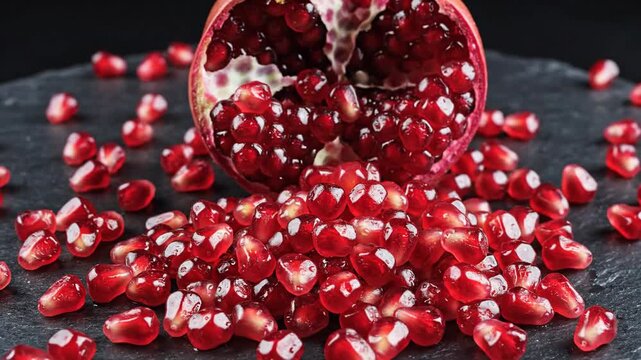 A vibrant pomegranate bursting with ruby red seeds spilling onto a dark stone surface, showcasing nature's edible jewels