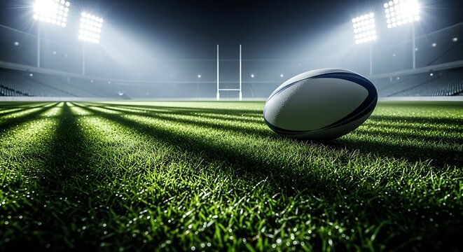 Rugby ball rests on green pitch under stadium lights. Posts in distance