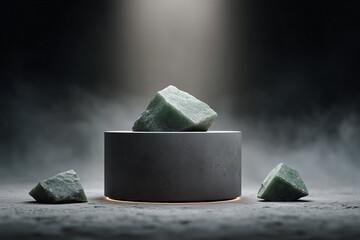 Minimalist concrete cylinder podium featuring a raw green jade stone under a single dramatic spotlight with soft fog background