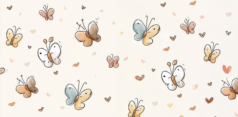 Whimsical illustration of various stylized butterflies and hearts scattered on a cream-colored background in a soft artistic style