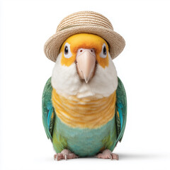Adorable  of a colorful Lovebird parrot wearing a tiny straw hat with a blue ribbon, isolated on a clean white background