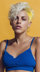 Close-up fashion portrait of a confident woman with short white-blonde hair and hoop earrings, posing in a blue sports top against yellow