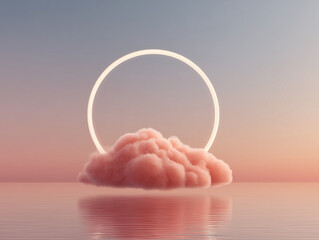 Surreal 3D landscape of a fluffy pink cloud floating over calm water with a glowing white neon ring at sunset