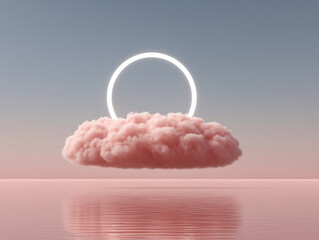 Minimalist dreamscape featuring a luminous halo circle behind a soft cotton candy cloud above a reflective sea