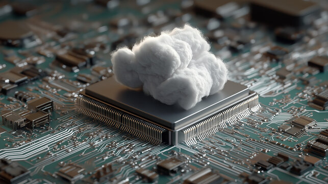 Microchip with cloud connectivity concept, glowing data streams linking the chip to a digital cloud, futuristic technology design, cyber network visualization, cinematic lighting, ultra-detailed, mode