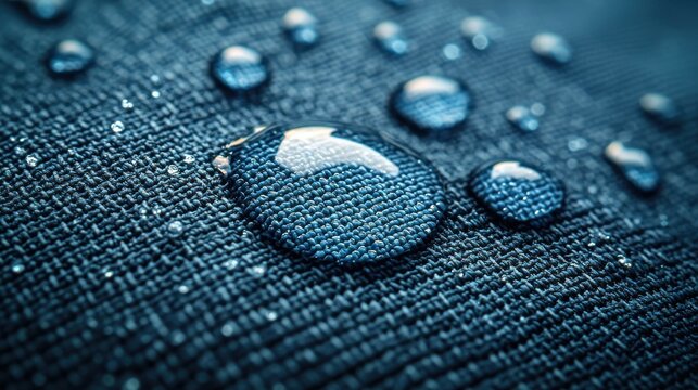 Water wicking fabric behavior detailed macro photography capturing spherical water beads rolling on waterproof textile demonstrating advanced moisture resistance technology
