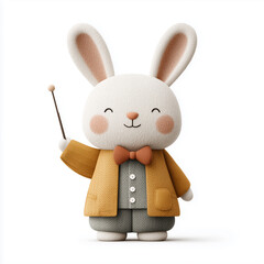 Minimalist 3D character of a smiling white bunny in a yellow jacket and orange bow tie, holding a thin magic wand against a clean background.