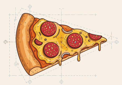 A detailed illustration of a traditional pepperoni pizza slice, rendered with geometric precision and a blueprint aesthetic. Perfect for food, design, or advertising.