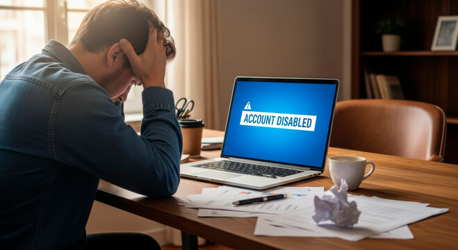 Stressed man working at home holding head while laptop shows account disabled error message, concept of online security issue, blocked access, cybersecurity problem, business frustration