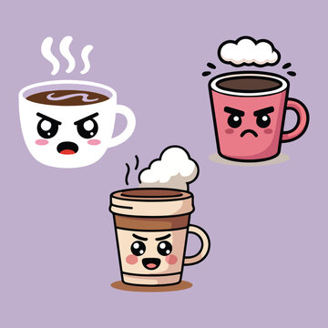 Angry Kawaii Coffee Cup Faces &ndash; Cute Mad Coffee Mug Emoji Set