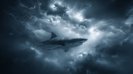 Fototapeta premium Shark swimming through stormy clouds, lightning flickering like flashes underwater