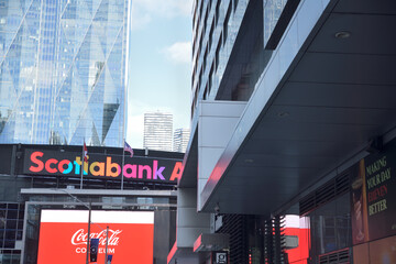 Naklejka premium looking east on Bremner Blvd from York St to Scotiabank Arena and CIBC Square, Toronto