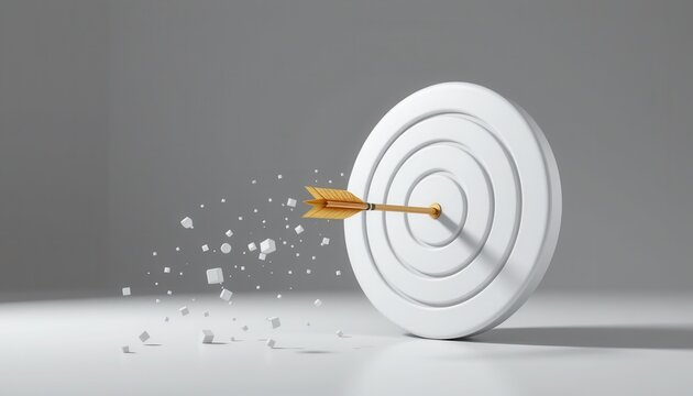 Arrow Hitting Target and Creating Particles of Impact in Minimalistic White Background