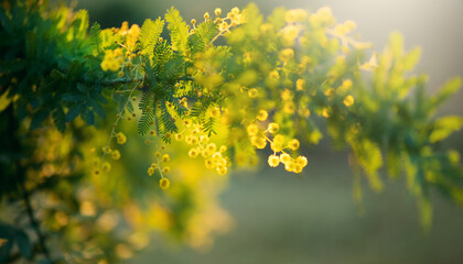 Naklejka premium Mimosa Spring Flowers Easter background. Holiday backdrop, border art design. Blooming mimosa tree flower, bright sun flare. St. Valentine's, Mother's Day. Garden, gardening. Spring holiday blossom. 