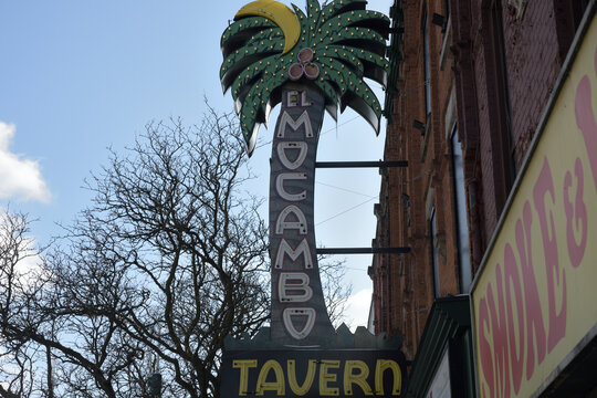 projecting vintage sign outside El Mocambo, a live music venue, located at 464 Spadina Av, Toronto