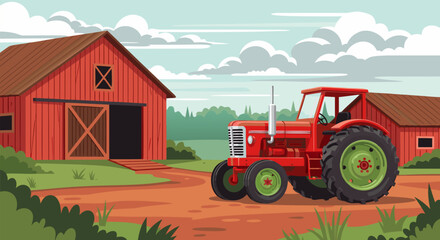Obraz premium Red tractor parked outside a barn, vector illustration, farm scene