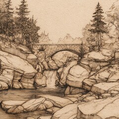Sepia tone illustration of a bridge spanning a rocky creek with small waterfall and trees